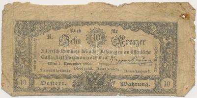 1860. 10Kr &quot;K. K. Hauptmünzamt für Silberscheidemünze&quot; felső ívszéllel T:III-,IV Austrian Empire 1860. 10 Kreuzer &quot;K. K. Hauptmünzamt für Silberscheidemünze&quot; with upper margin C:VG,G Adamo G93