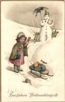 Christmas, girl, snowman, litho