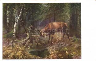 Hunting postcard, deer, B.K.W.I. 522-6., artist signed