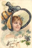 Frühling / Spring, lady with hat, decorated litho (EB)