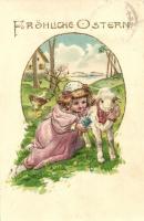 Easter, child with lamb, Emb. litho (Rb)