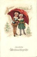 Christmas, children with umbrella, B.N.K. 3155. litho