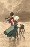 Kissing Dutch children, folklore, dog, M. Munk Vienne No. 207. litho