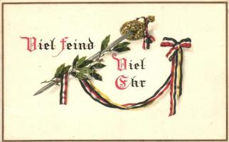 Kard nemzeti színű szalaggal, német katonai propaganda, M.S.i.P. 237/240. litho, Viel Feind, Viel Ehr / German flag ribbon, sword, military propaganda, M.S.i.P. 237/240. litho