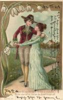 Romantic couple, floral, Art Nouveau, golden decorated Emb. litho (EB)