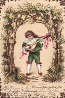 Child with lute, trees, litho (b)