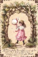 Child with tambourine, trees, litho (EK)