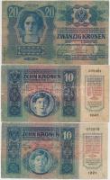 1913. 20K + 1915. 10K (2x) egyik piros "MAGYARORSZÁG" körbélyegzővel + 1920. 1K + 2K + 192...