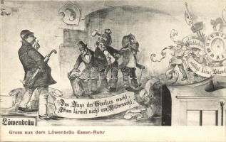 Gruss aus dem Löwenbräu Essen-Ruhr / beer advertisement, drunk men