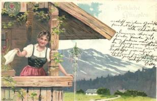 Pfingsten / Pentecost, alpine folklore, May tree litho s: Mailick (EK)