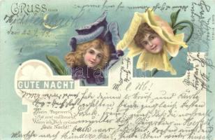 1899 Guten Nacht / Greeting card, children heads in flowers, bizarre, E.B. & C.i.B. s. 9079. litho