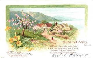 Pentecost, landscape, floral, litho