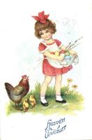 Easter, girl, rooster, eggs, litho (EK)