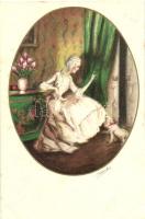 Italian art postcard, lady with dog, Elite CCM 2500-1. s: Ambart