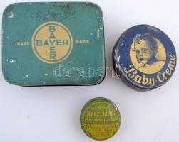 3 db régi gyógyszeres fém dobozka, kopottak, d:3 és 5 cm, 8×6 cm