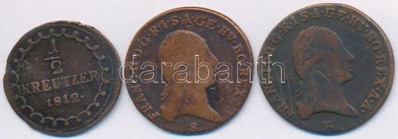 1800E 1kr Cu + 1800S 1kr Cu + 1812S 1/2kr Cu "I. Ferenc" T:2-,3
