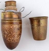 cca 1900 Régi varrókészlet díszes gyűszátartóban