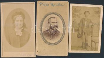 cca 1865 Veres Gyula, Veres Gyuláné és fiuk, 3 db vizitkártya, 9x6 cm és 10,5x6,5 cm között