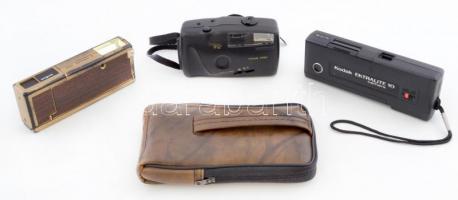 3 db különféle fényképezőgép: Kodak Ektralite 10 (hozzá tartozó tokkal), Argus Mini Palmatic 2, Hama FF102