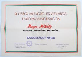 1958 Oklevél: A IX. Úszó-, műugró- és vízilabda-Európa -Bajnokságon Mayer Mihály Magyarország vízilabda csapatának tagjaként bajnokságot nyert,hajtogatva, 29x41cm