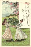 Ladies, floral greeting card, litho (EK)