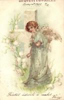 Easter, angel with cross, decorated litho