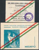 1938 Tiszteletjegy, kiadva: Turáni Vadászok Országos Egyesülete Sashalmi csoportja, 8x12cm +  Turáni Vadászok Országos Egyesülete Sashalmi csoportjának meghívója Magyar Estre, 10x15cm