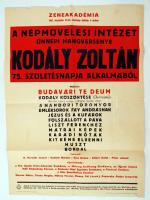 1957 Zeneakadémia Ünnepi hangverseny Kodály Zoltán 75. születésnapja alkalmából, plakát, kis szakadással, 70x51cm