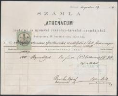 1876 Számla az "Athenaeum" irodalmi  és nyomdai részvény-társulat nyomdájából. Bp., IV. Barátok tere, okmánybélyeggel (5kr), 17x21cm