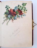 cca 1920 Emlékkönyv sok rajzos bejegyzéssel, lejáró, szecessziós fém plakettel a borítón