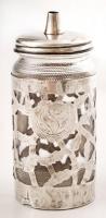 Ezüst(Ag) tetejű és foglalatú üveg cukorszóró rózsamintával, jelzett, m: 13 cm, ezüst súlya: 25,7 g