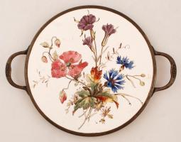 Antik fajansz tányér, kézzel festett, apró máz hibával, jelzett (LPH), fém fülekkel, 25×33 cm
