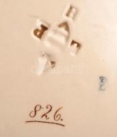 Antik fajansz tányér, kézzel festett, apró máz hibával, jelzett (LPH), fém fülekkel, 25×33 cm