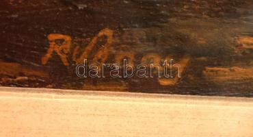 Rudnay jelzéssel: Kunyhók. Olaj, vászon-karton, üvegezett keretben, 23×29 cm