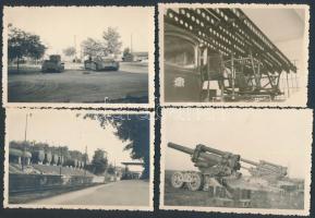 1942-1943 Életképek a II. világháborúból(Budafok-Háros, Budapest, Balatonfűzfő, Hajmáskér), épületek, katonai járművek, 10 db fotó, hátoldalon feliratozva, 6x9 cm