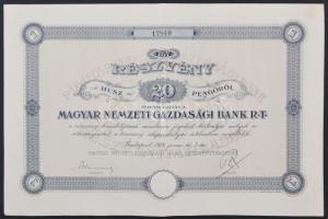 Budapest 1928. "Magyar Nemzeti Gazdasági Bank Rt." részvénye 20P-ről T:II-