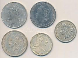 5db vegyes magyar és külföldi ezüstpénz Fe hamisítványa T:2-
Fe fakes of 5 mixed silver coins C:VF