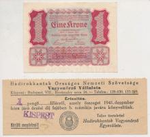 Osztrák-Magyar Bank 1922. 1K Olla reklám pecséttel a hátoldalán + Kispest 1941. Hadirokkantak Országos Nemzeti Szövetsége Vagyonőrző Vállalata 1P értesítés T:II-,III