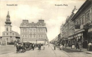 Temesvár, Timisoara; Kossuth tér, templom, Csendes és Fischer, Adler Ignácz, Deutsch R. Rezső, Klug János és Szana Lajos üzlete, porcelánház / square, church, shops (r)