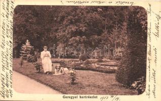 Geregye (Gyanógeregye); kert hölggyel és kutyával