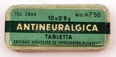 Antineuralgica tabletta, Egyesült Gyógyszer és Tápszergyár Budapest, fémdoboz, 6x2,5x0,5cm/Antineuralgica Metal medicine box, 6x2,5x0,5cm