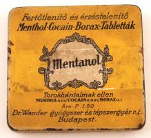 cca 1930 Mentanol: Menthol, Cocain, Borax tabletta zománcozott fém dobozka belül reklámmal 7x6 cm