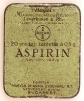 cca 1930 Aspirin, Bayer, Magyar Pharma Gyógyáru R.t., zománcozott fém gyógyszeres dobozka / Metal medicine box 7x6 cm