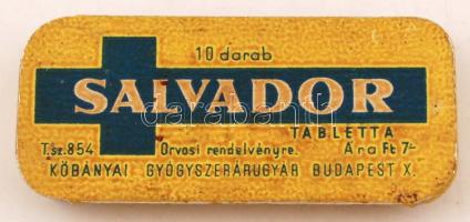 Salvador tabletta,Kőbányai Gyógyszerárugyár, Bp.,  gyógyszeres fémdoboz, 6x2,5cm / Metal medicine box,  6x2,5cm