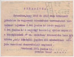 1916. Kenyérjegy "Pest-Pilis-Solt-Kiskun Vármegye" számára, hátoldalán "Értesítés" Dunakeszire vonatkozóan 1921. június 13. dátummal T:III