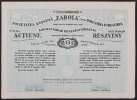 Románia / Bukarest 1922. &quot;Zabolai Faipar Részvénytársaság&quot; részvénye 200L-ről teljes szelvényívvel T:I- Romania / Bucharest 1922. &quot;Zabola Wood Industry Company Ltd.&quot; share about 200 Lei with coupons C:AU