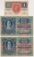 1916. 1K + 1913. 20K (2x) mindkettő ragasztott, mindhárom bankjegy "Temes Vármegye Vinga Község...