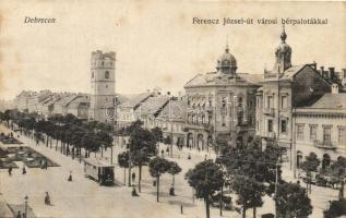 Debrecen, Ferencz József út, Városi Bérpaloták, villamos, Váray József és Márton Gyula és fia üzlete (fl)