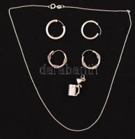 2 db ezüst(Ag) fülbevalópár, ezüst(Ag) nyaklánc, Ezüst(Ag) söröskorsó alakú medál, sérült, jelzéssel, jelzés nélkül, összesen: 6 db, 10,2 g