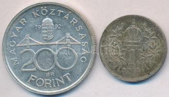 Vegyes: Ausztria 1915. 1K Ag "Ferenc József" + 1992. 200Ft Ag "MNB" T:2 patina